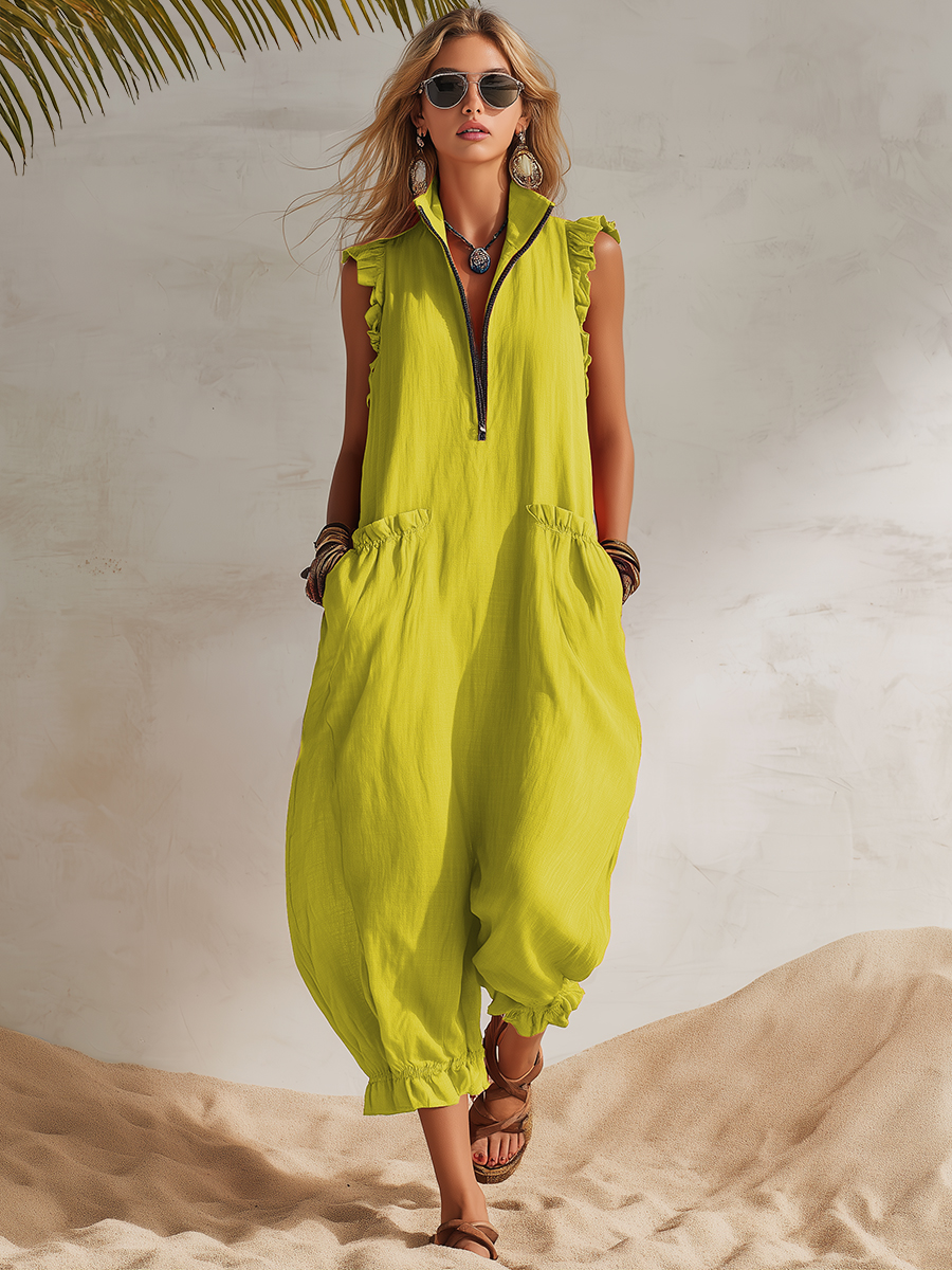 Bohemian Vacation Black Zipper Yellow-green Cotton Linen Ruffled Sleeveless Jumpsuit