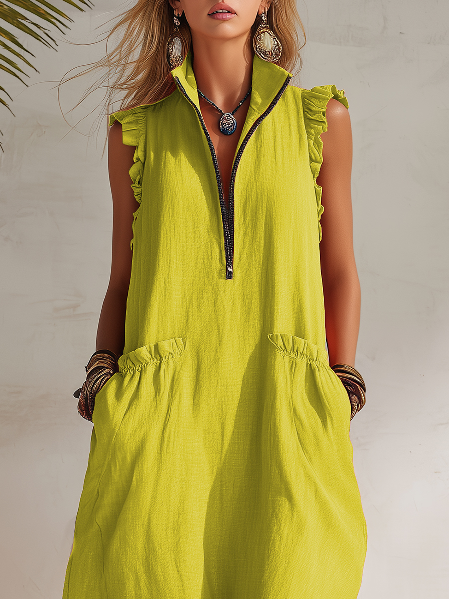 Bohemian Vacation Black Zipper Yellow-green Cotton Linen Ruffled Sleeveless Jumpsuit