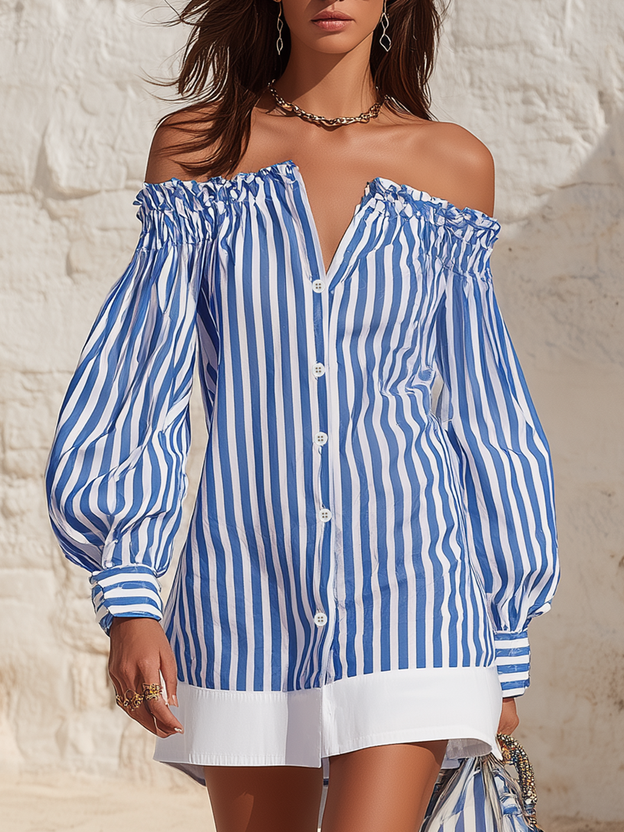 Resort-style Off-shoulder Puff Sleeve Striped Chiffon Mini Dress
