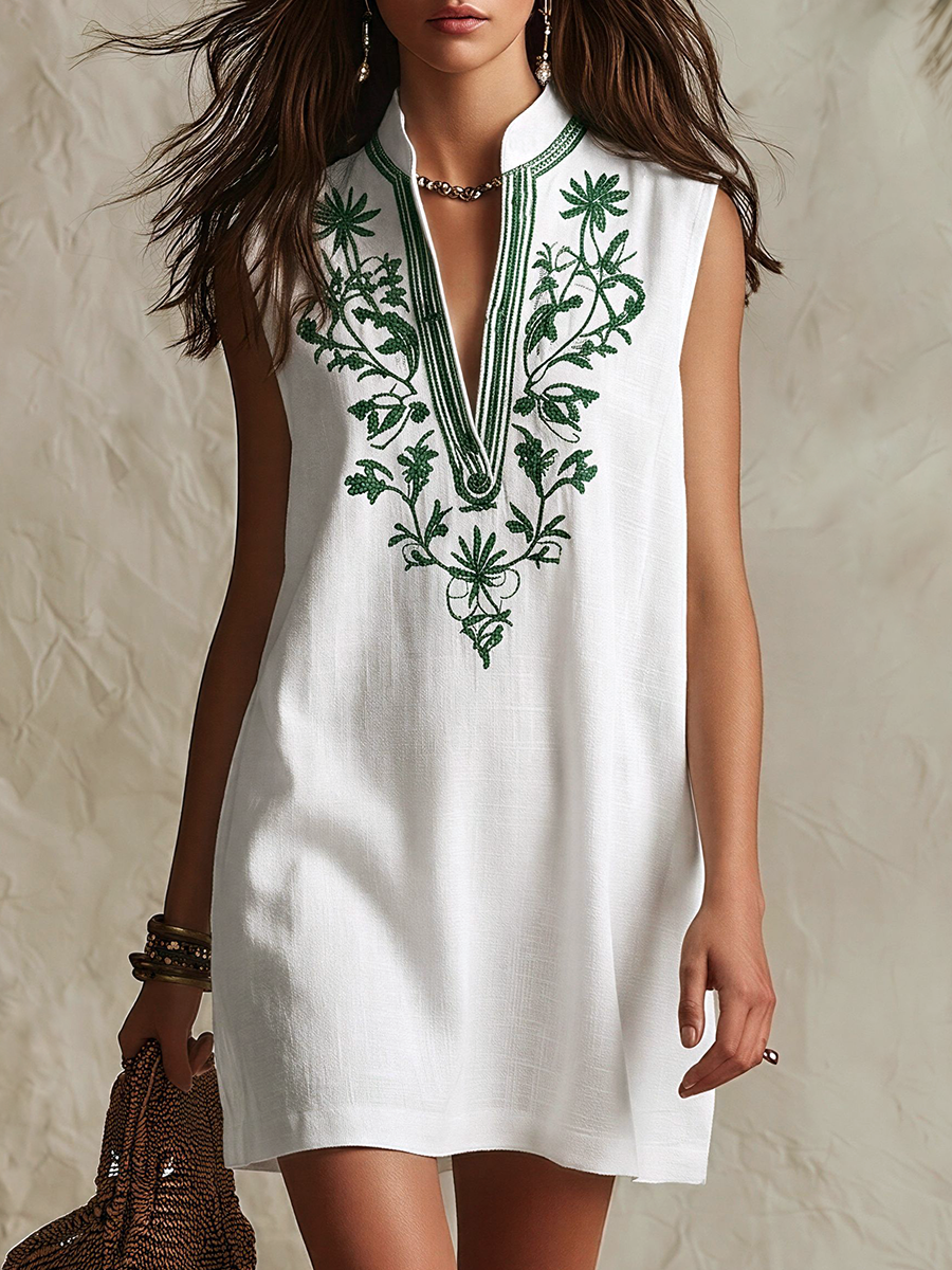 Casual Resort-Style Stand-Collar Embroidered Sleeveless Mini Dress