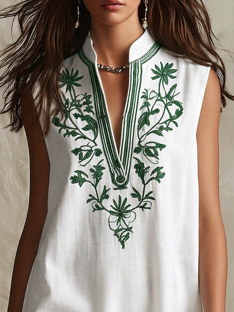Casual Resort-Style Stand-Collar Embroidered Sleeveless Mini Dress