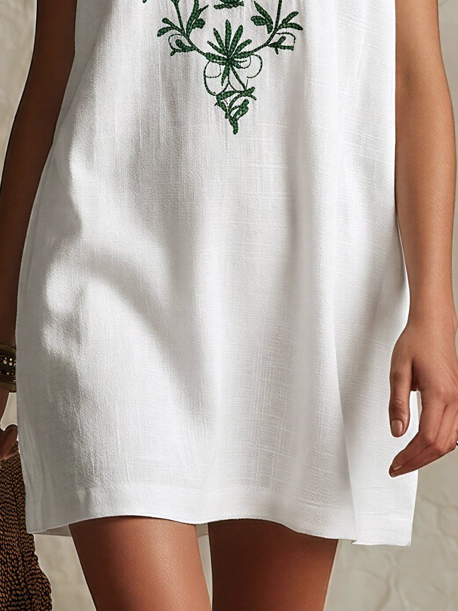 Casual Resort-Style Stand-Collar Embroidered Sleeveless Mini Dress
