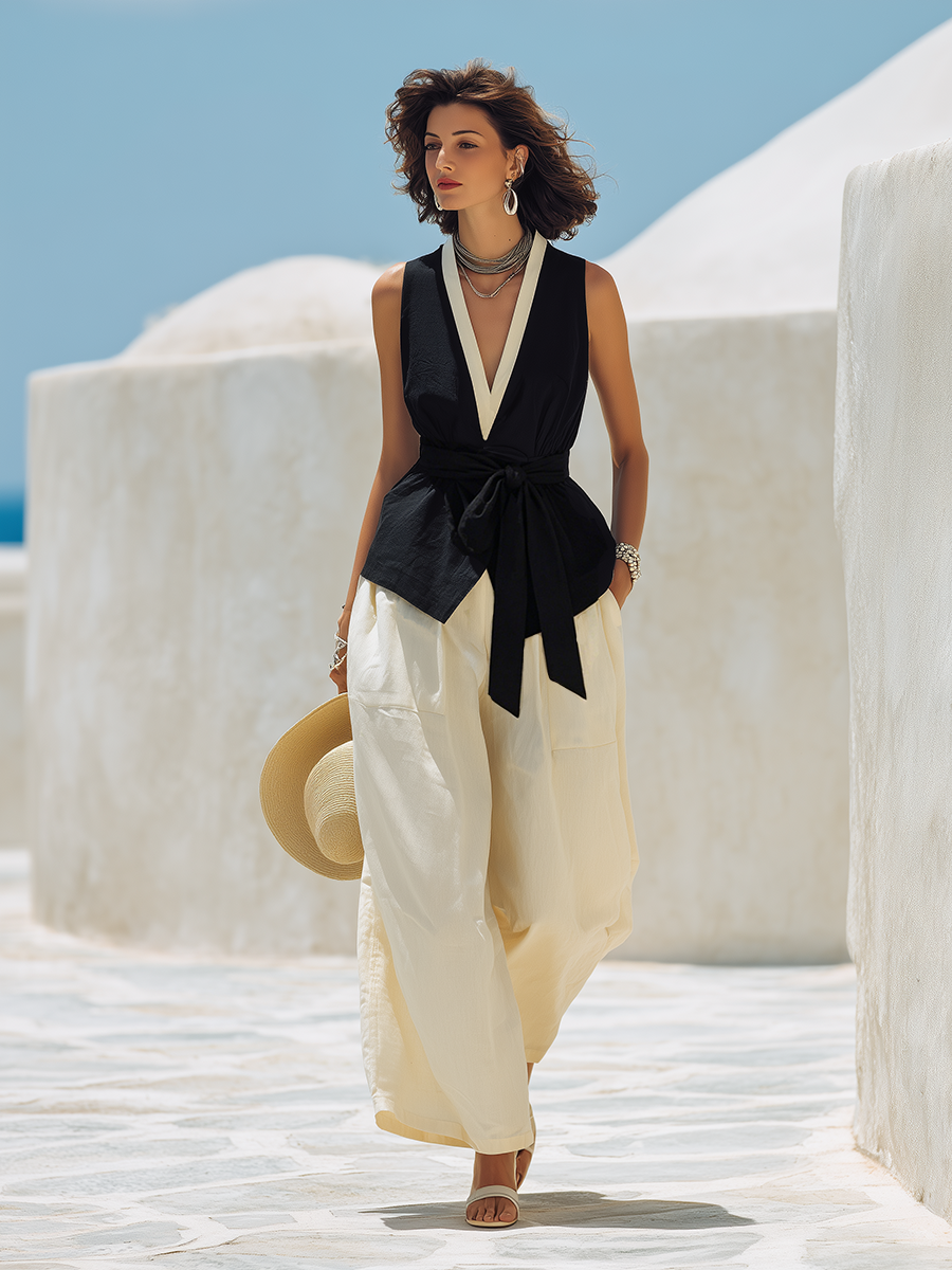 Vacation-Style Black V-Neck Sleeveless Long Top And Beige Wide-Leg Pants Set