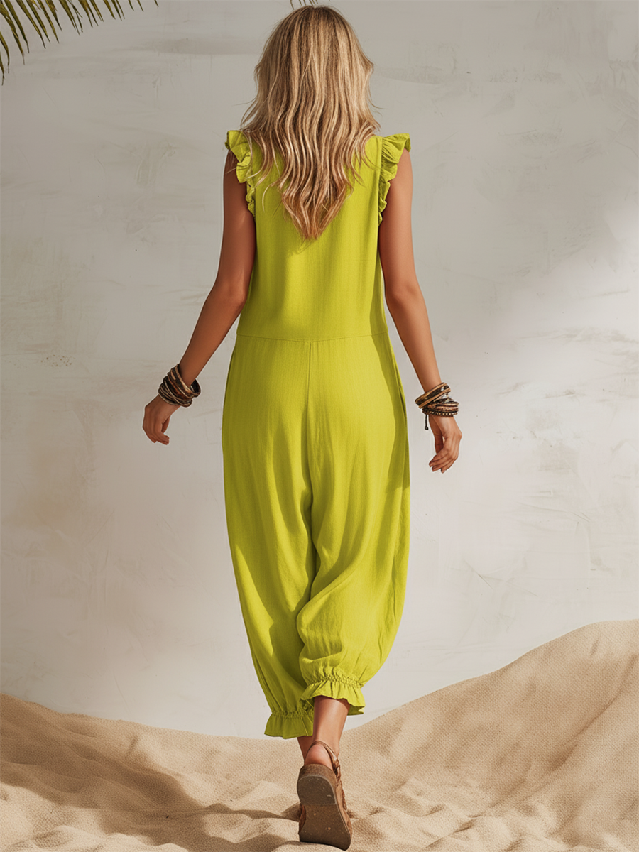 Bohemian Vacation Black Zipper Yellow-green Cotton Linen Ruffled Sleeveless Jumpsuit