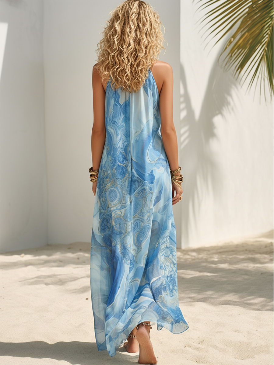 Bohemian Resort Blue Abstract Chiffon Print High-Neck Button Sleeveless Maxi Dress