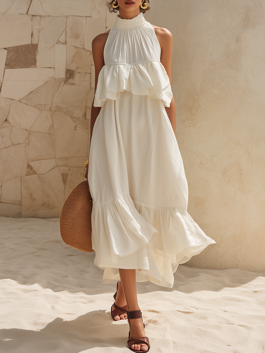 Romantic Bohemian White Cotton And Linen Ruffles Sleeveless Midi Dress