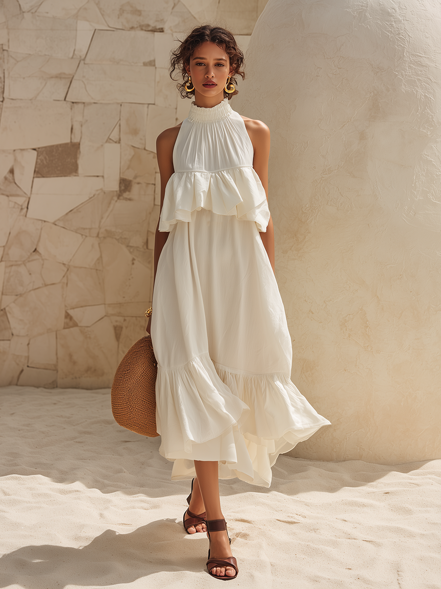 Romantic Bohemian White Cotton And Linen Ruffles Sleeveless Midi Dress