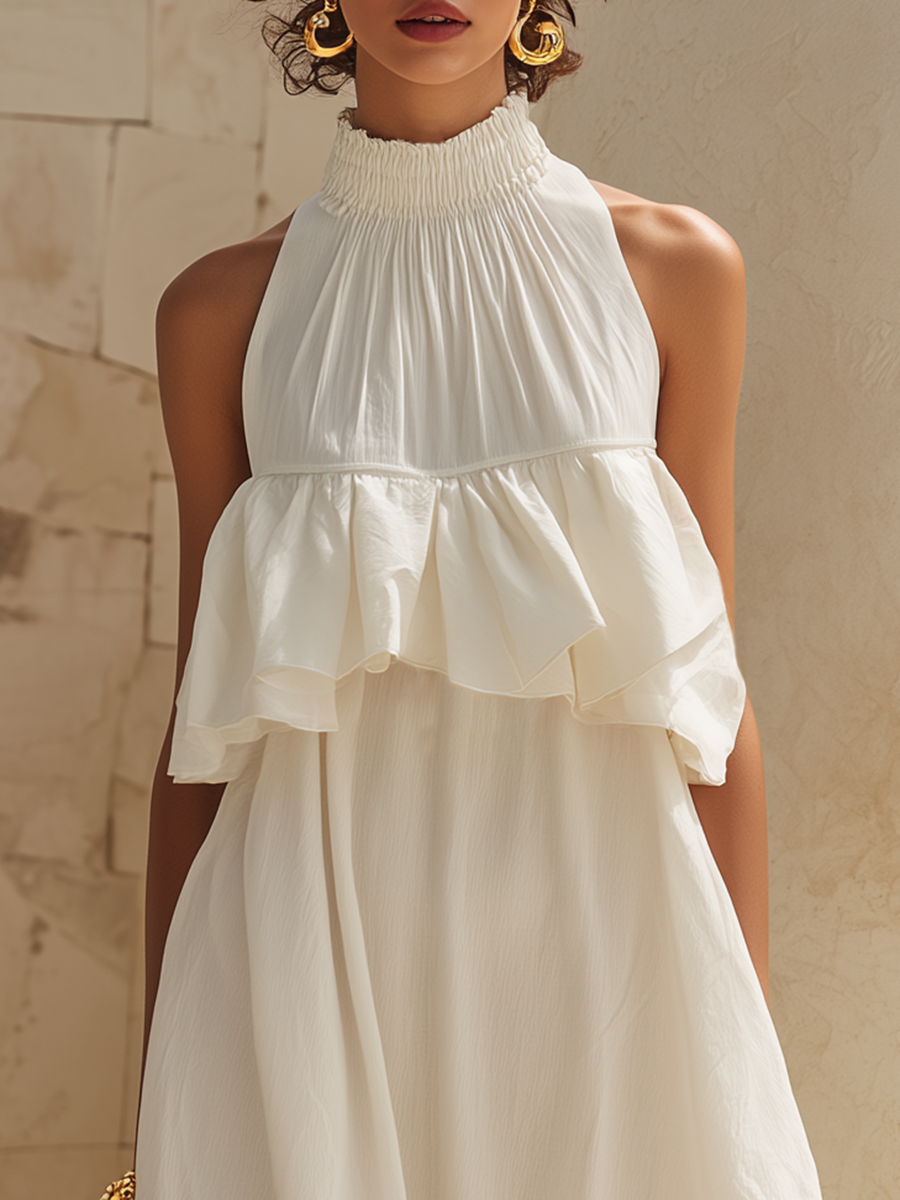 Romantic Bohemian White Cotton And Linen Ruffles Sleeveless Midi Dress