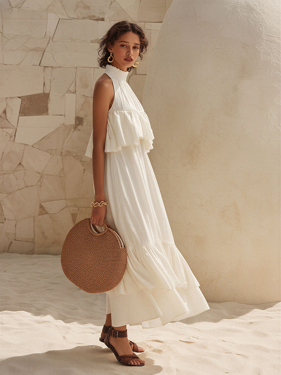 Romantic Bohemian White Cotton And Linen Ruffles Sleeveless Midi Dress