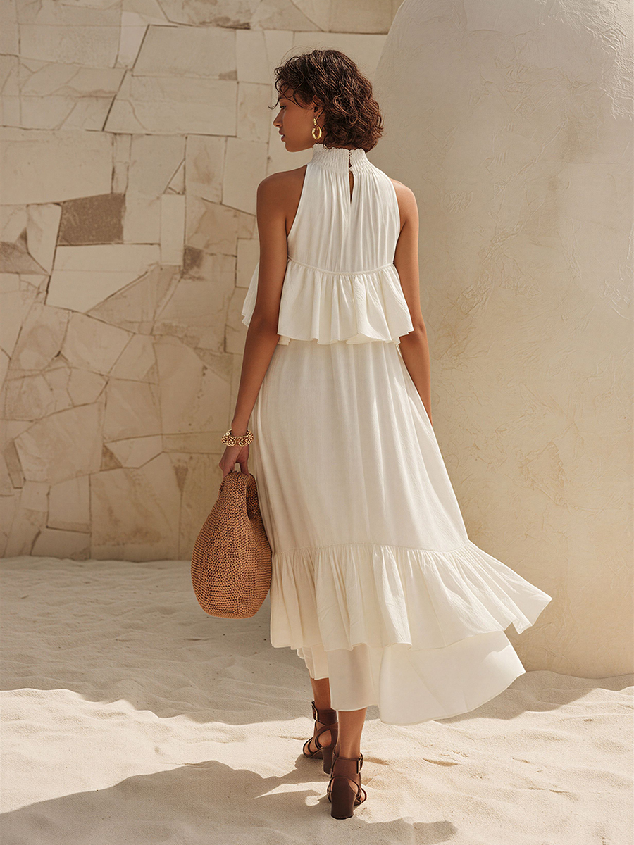 Romantic Bohemian White Cotton And Linen Ruffles Sleeveless Midi Dress