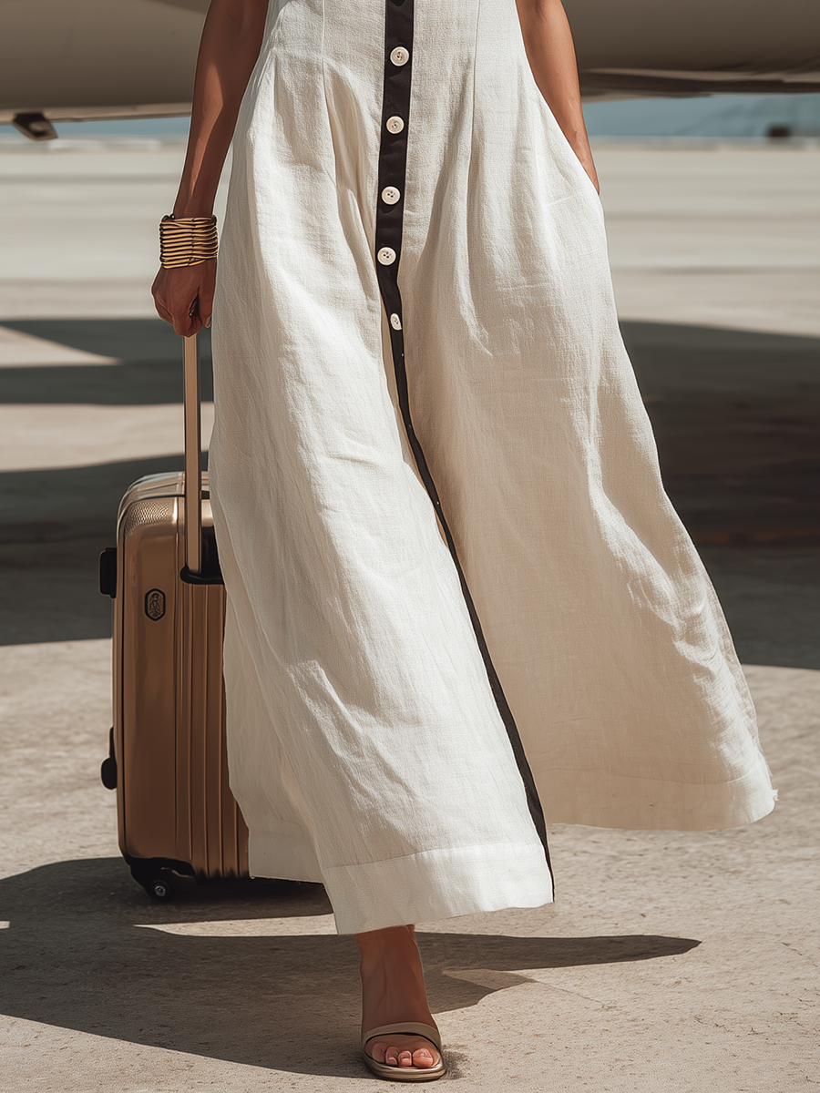 Casual Loose-Fit Contrasting Black Placket Sleeveless Off-White Cotton-Linen Maxi Dress