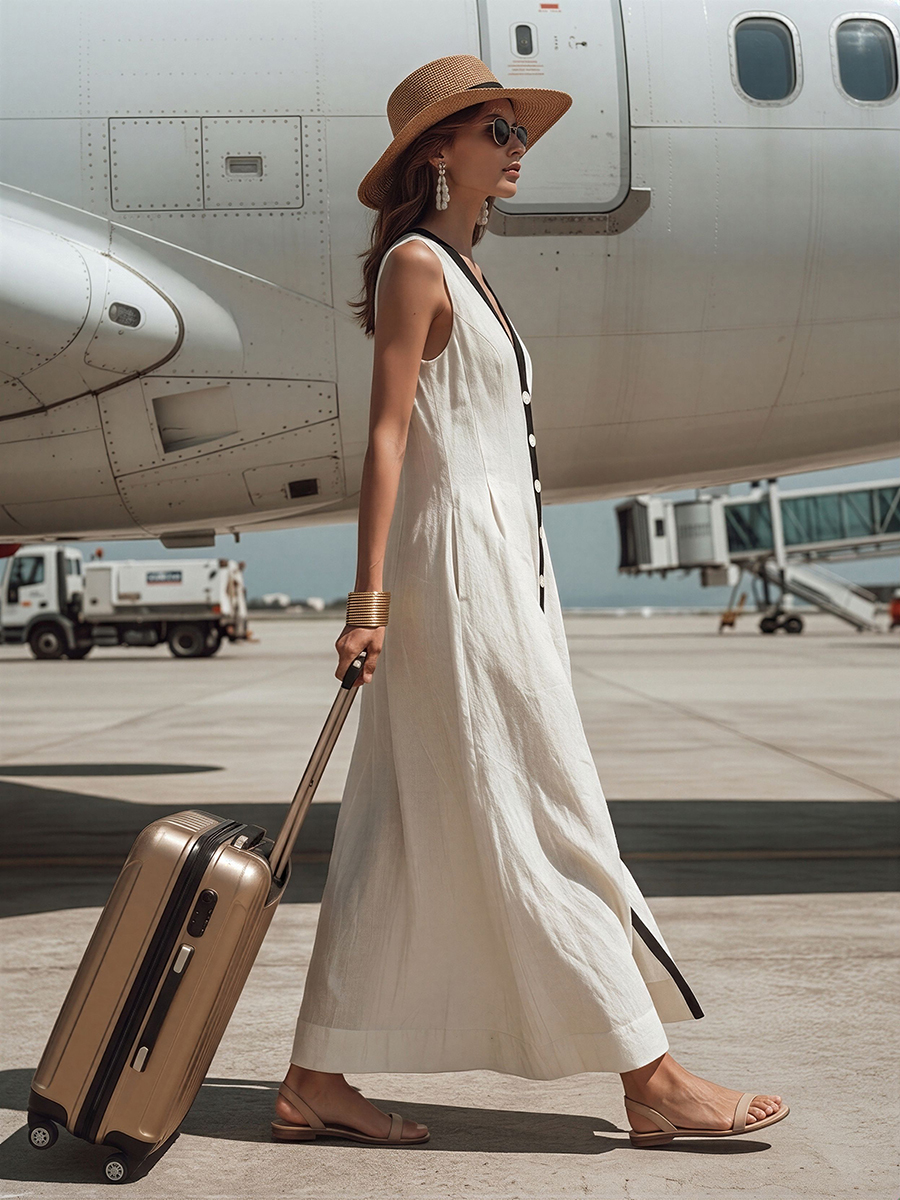 Casual Loose-Fit Contrasting Black Placket Sleeveless Off-White Cotton-Linen Maxi Dress