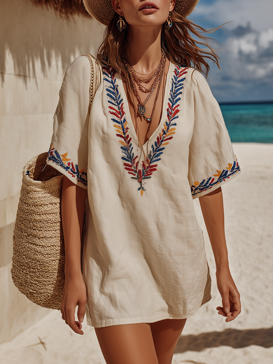 Loose-Fit Bohemian Embroidered Short-Sleeve Cotton-Linen Mini Dress