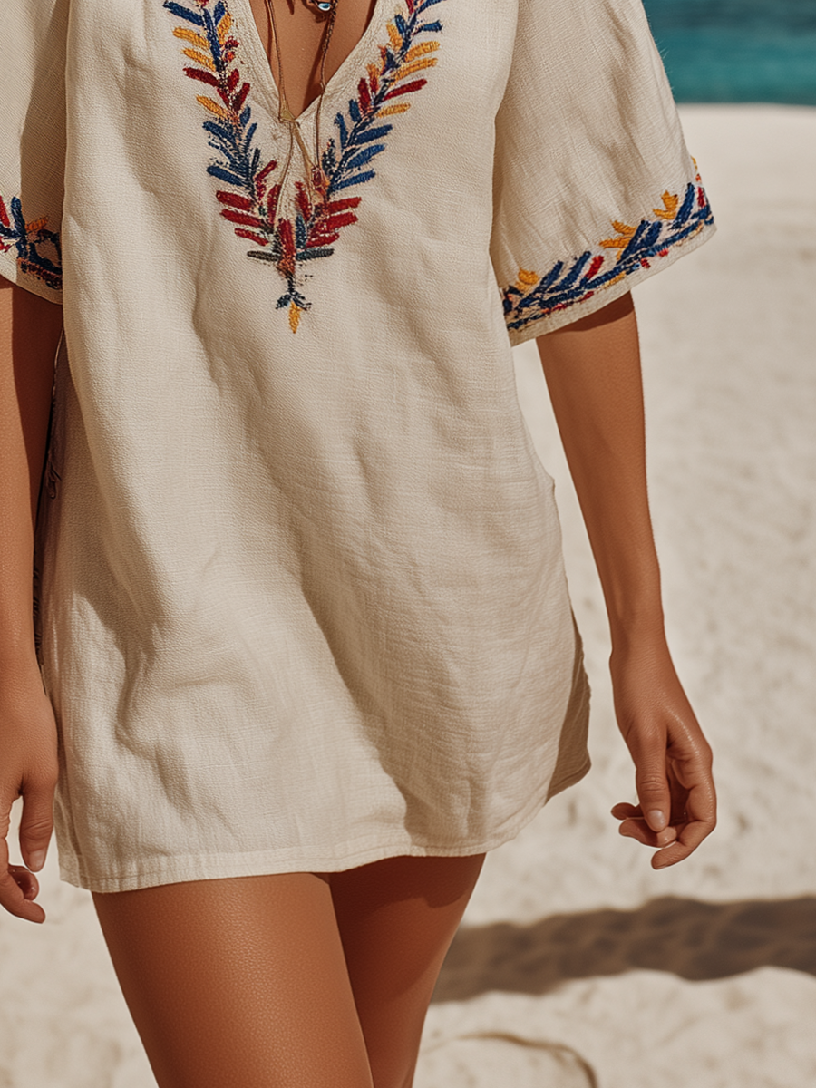 Loose-Fit Bohemian Embroidered Short-Sleeve Cotton-Linen Mini Dress