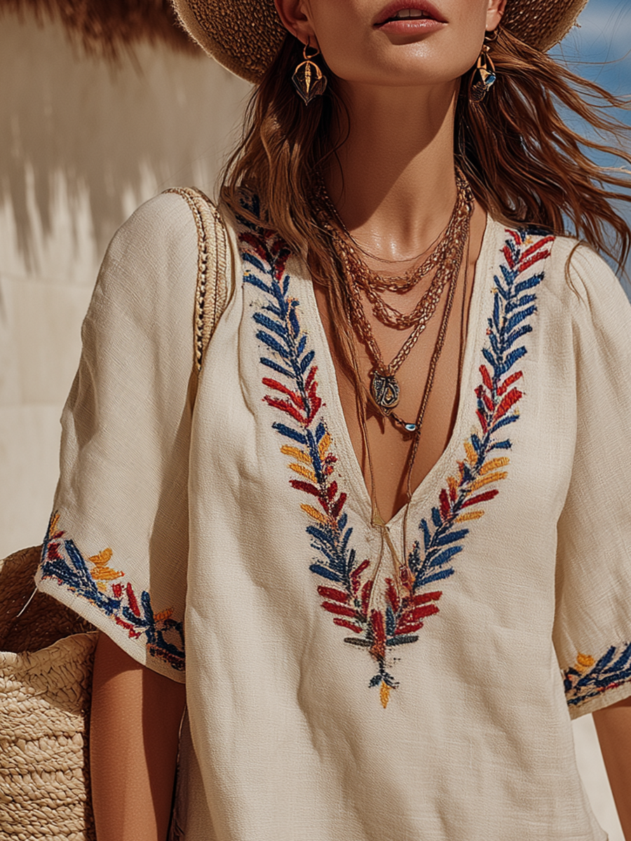 Loose-Fit Bohemian Embroidered Short-Sleeve Cotton-Linen Mini Dress