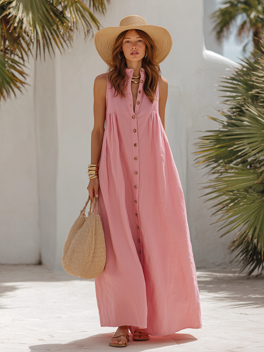 Loose-Fit Vacation-Style Sleeveless Pink Cotton-Linen Maxi Dress