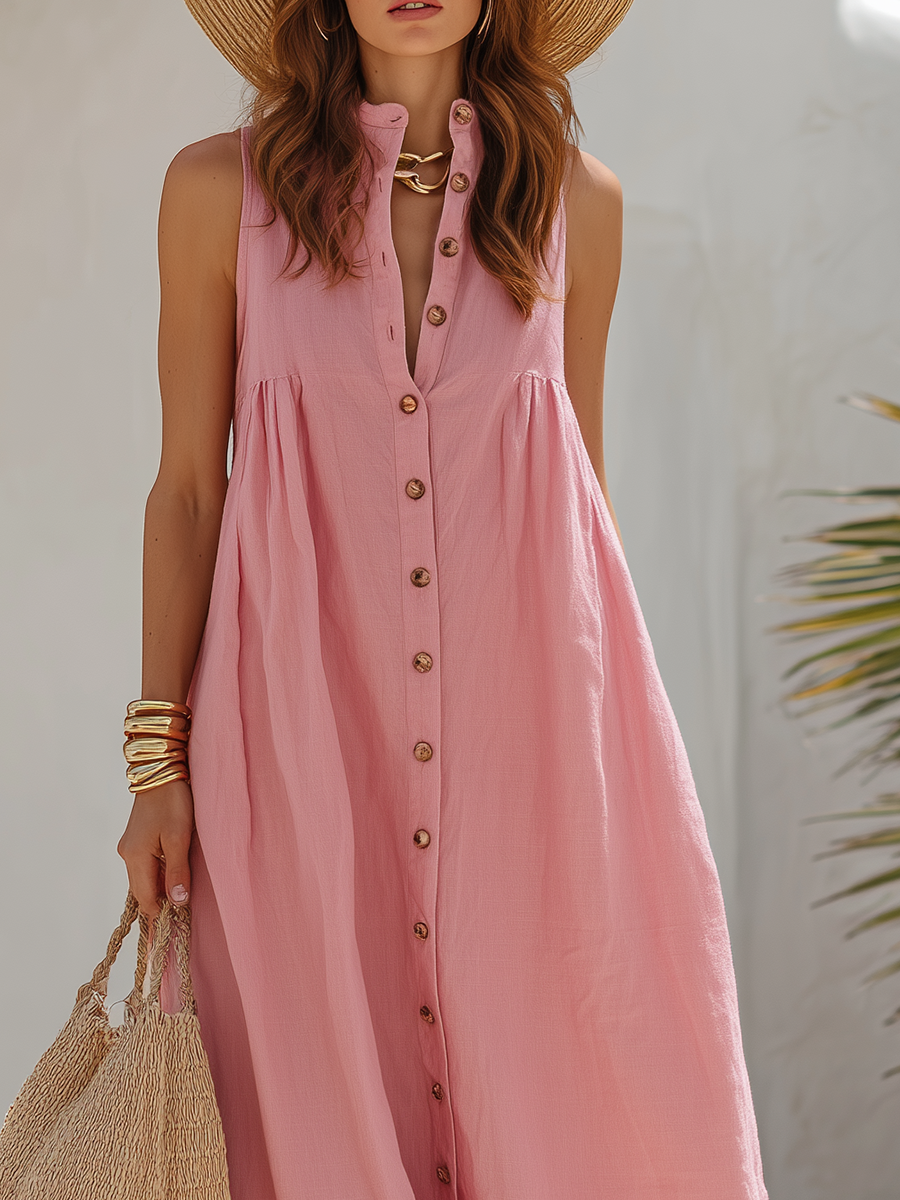 Loose-Fit Vacation-Style Sleeveless Pink Cotton-Linen Maxi Dress