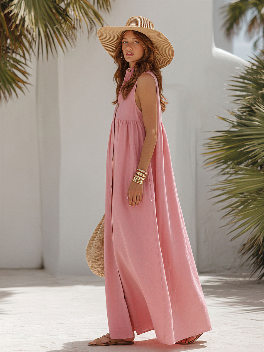 Loose-Fit Vacation-Style Sleeveless Pink Cotton-Linen Maxi Dress