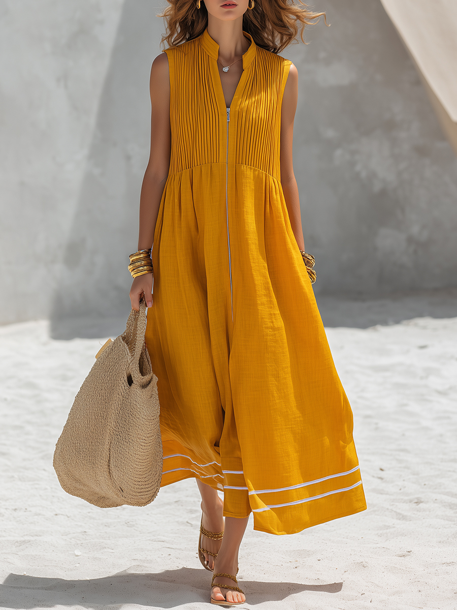 Minimalist Vacation-Style Front Pleats Sleeveless Maxi Dress