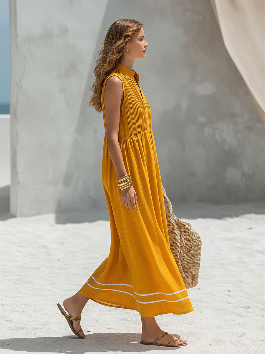 Minimalist Vacation-Style Front Pleats Sleeveless Maxi Dress