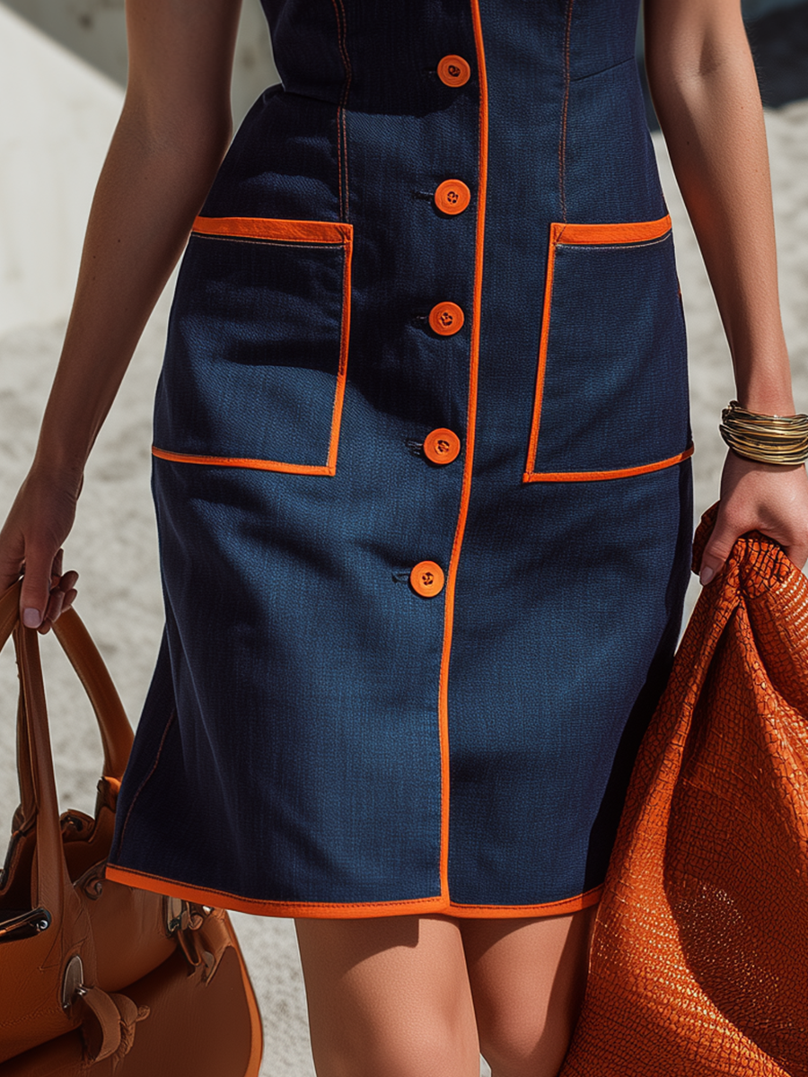 Chic Vacation-Style Contrasting Orange Webbing Trim Navy Blue Sleeveless Midi Dress