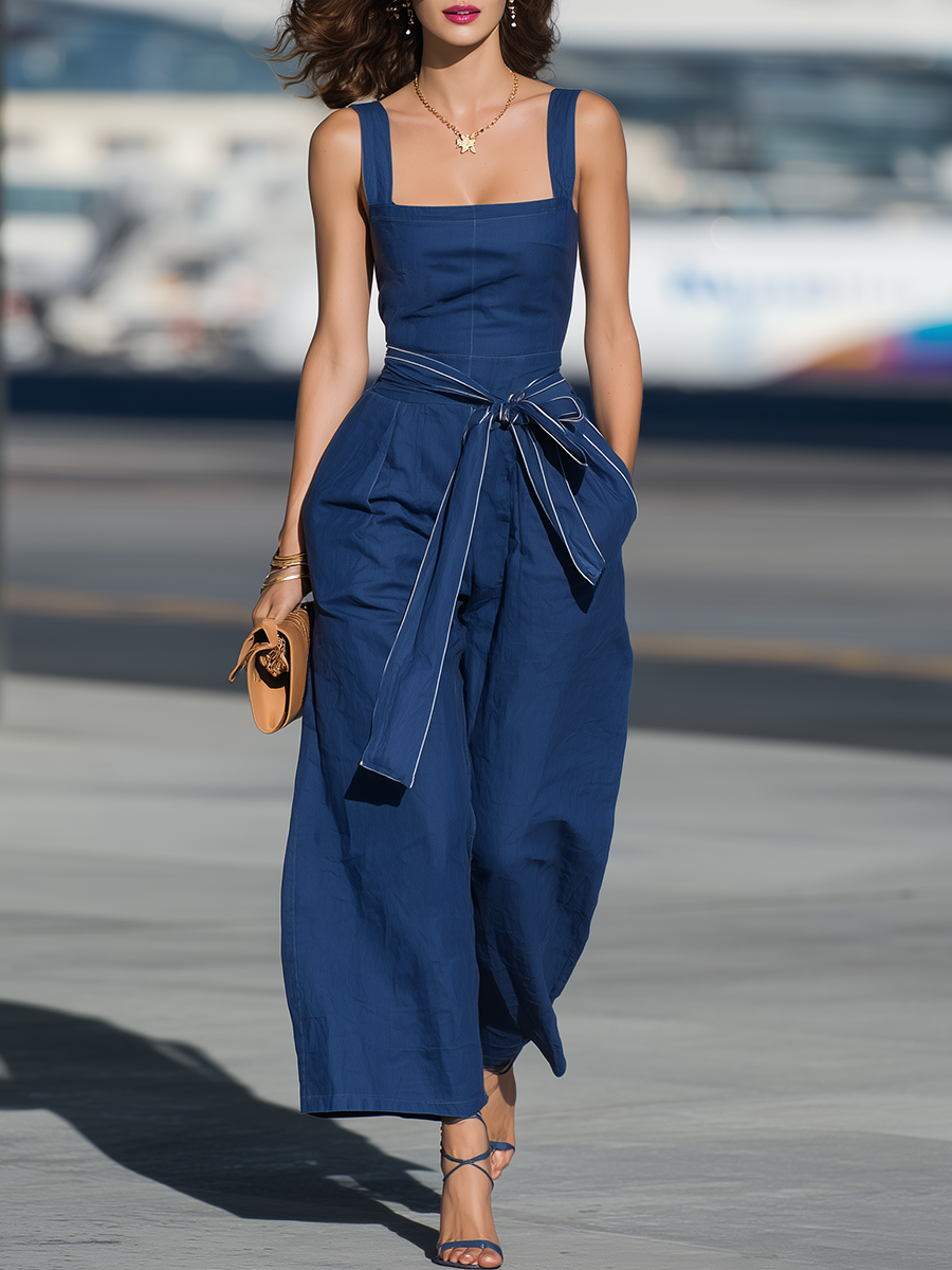 Vacation-Style Blue Sleeveless Strappy Jumpsuit