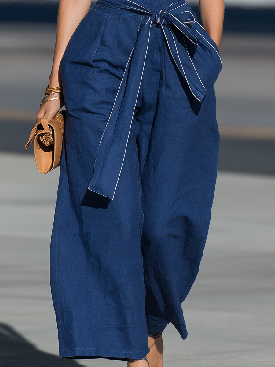 Vacation-Style Blue Sleeveless Strappy Jumpsuit