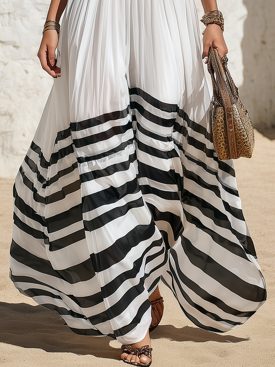 Resort-style Sleeveless V-neck Color-blocked Striped Chiffon Maxi Dress