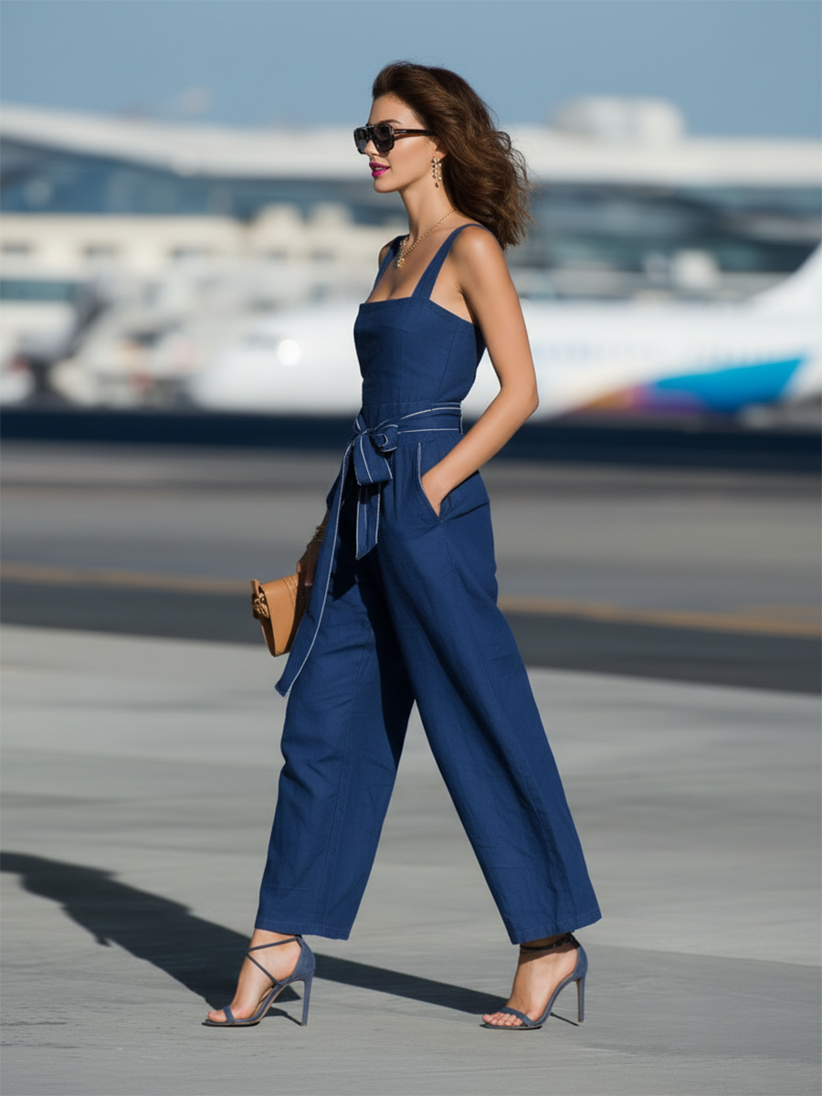 Vacation-Style Blue Sleeveless Strappy Jumpsuit