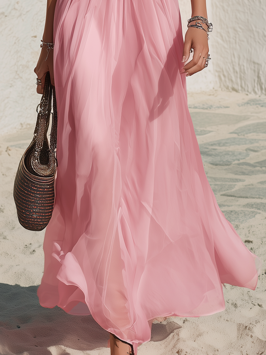 Resort Style Sleeveless V-Neck Bow-Tie Chiffon Maxi Dress
