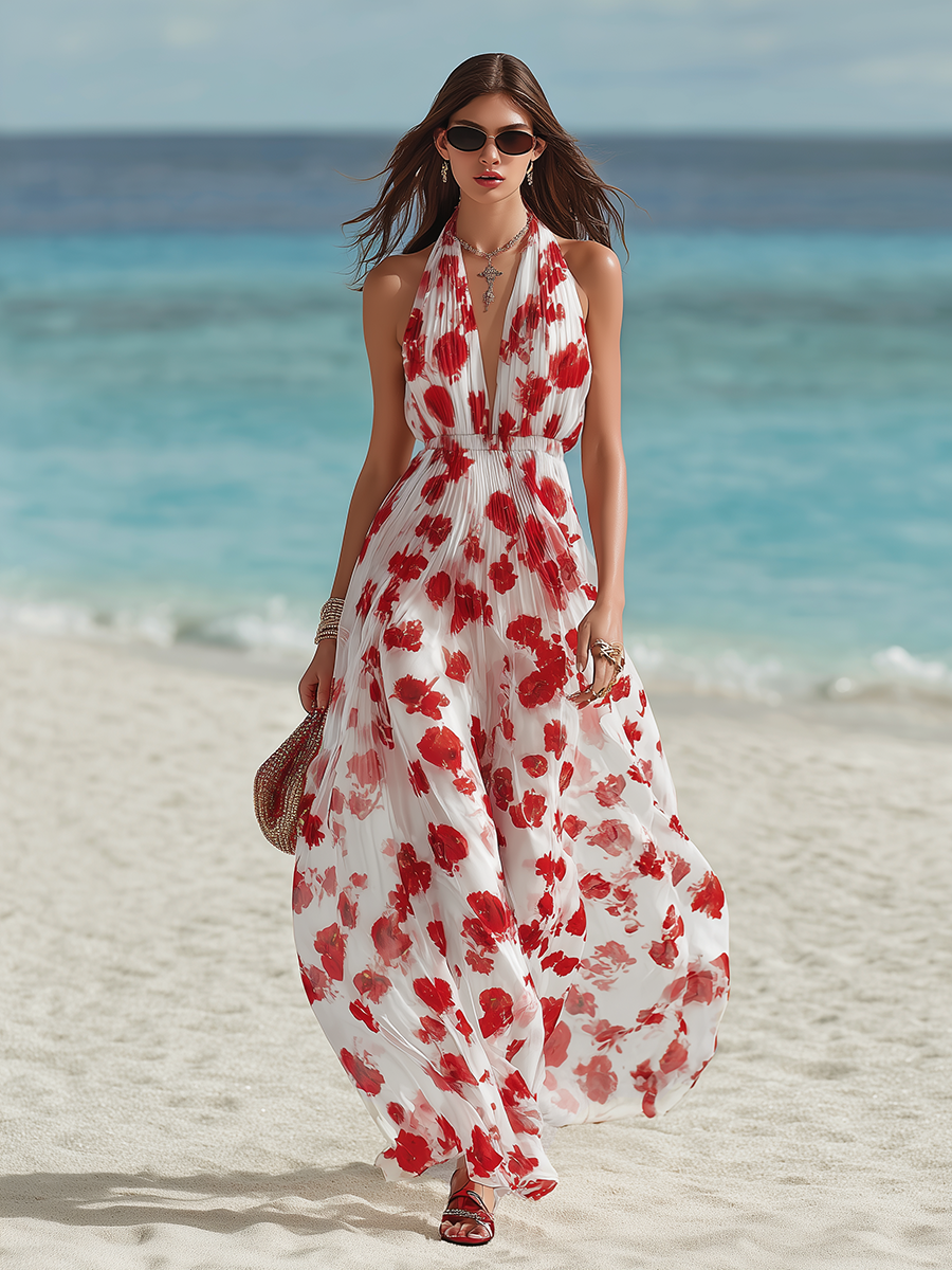 Vacation-Style V-Neck Sleeveless Printed Chiffon Maxi Dress