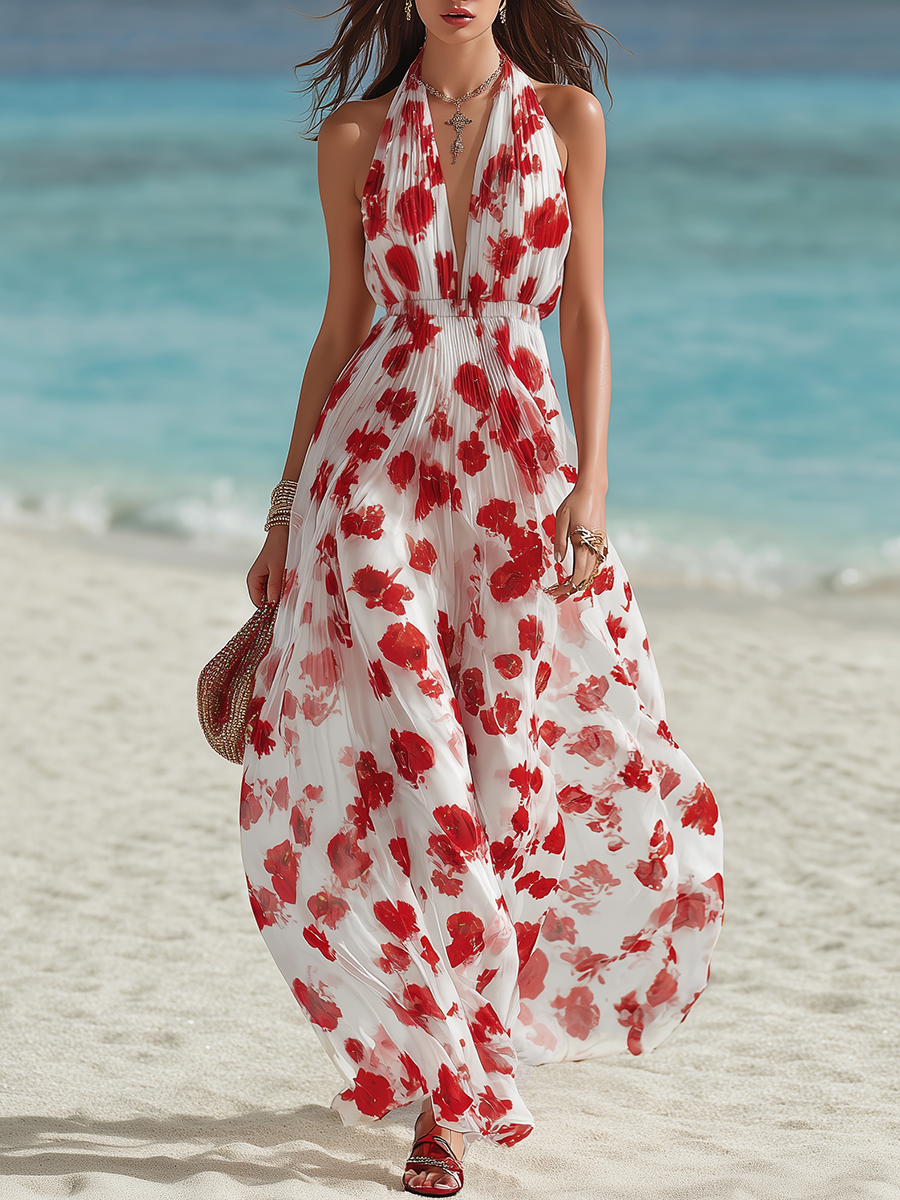 Vacation-Style V-Neck Sleeveless Printed Chiffon Maxi Dress
