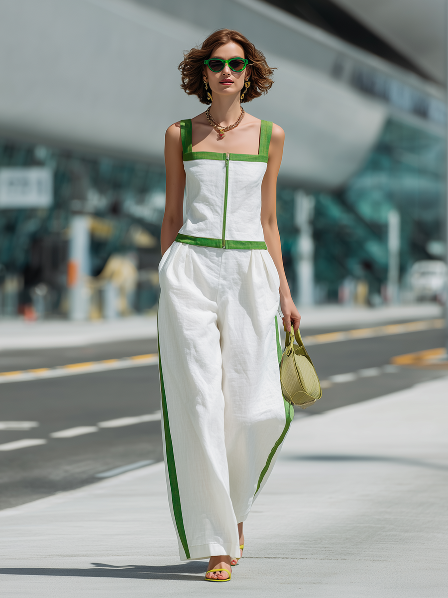 Vacation-Style White Sleeveless Zip-Front Cami Top And Wide-Leg Pants Set