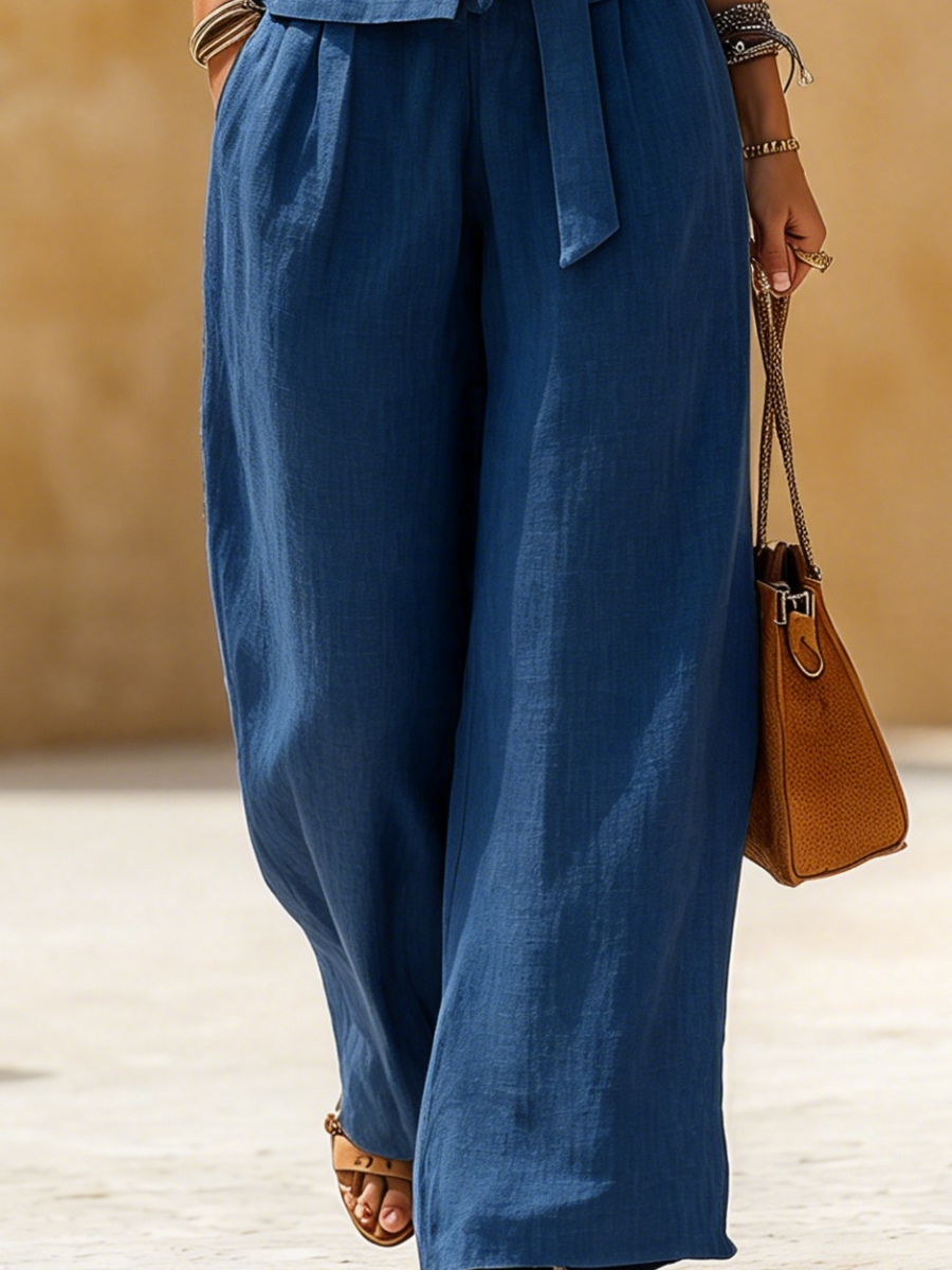 Vacation-Style Dark Blue Stand-Collar Button-Up Long Top And Wide-Leg Pants Set