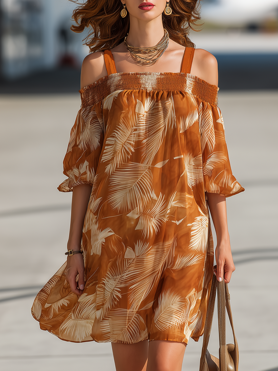 Vacation-Style Brown Off-Shoulder Short-Sleeve Printed Chiffon Mini Dress