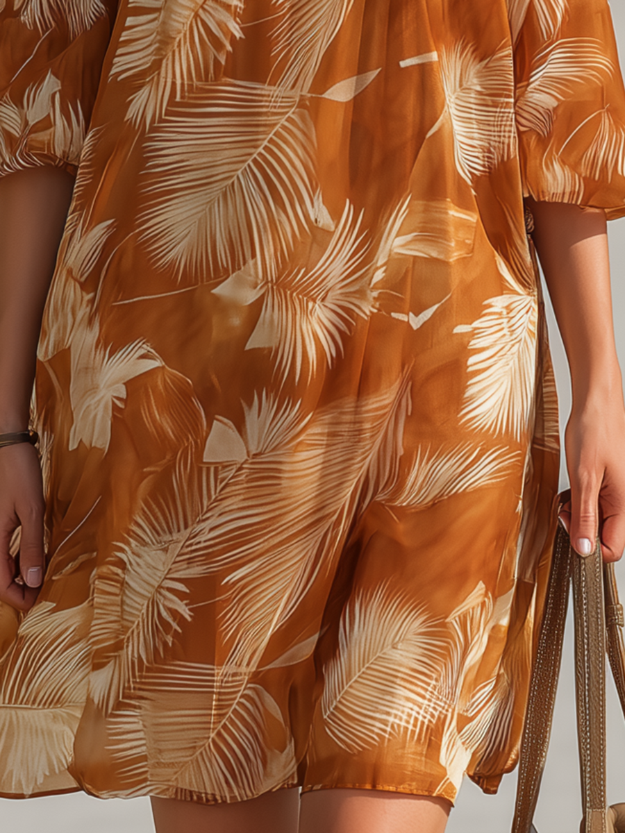 Vacation-Style Brown Off-Shoulder Short-Sleeve Printed Chiffon Mini Dress