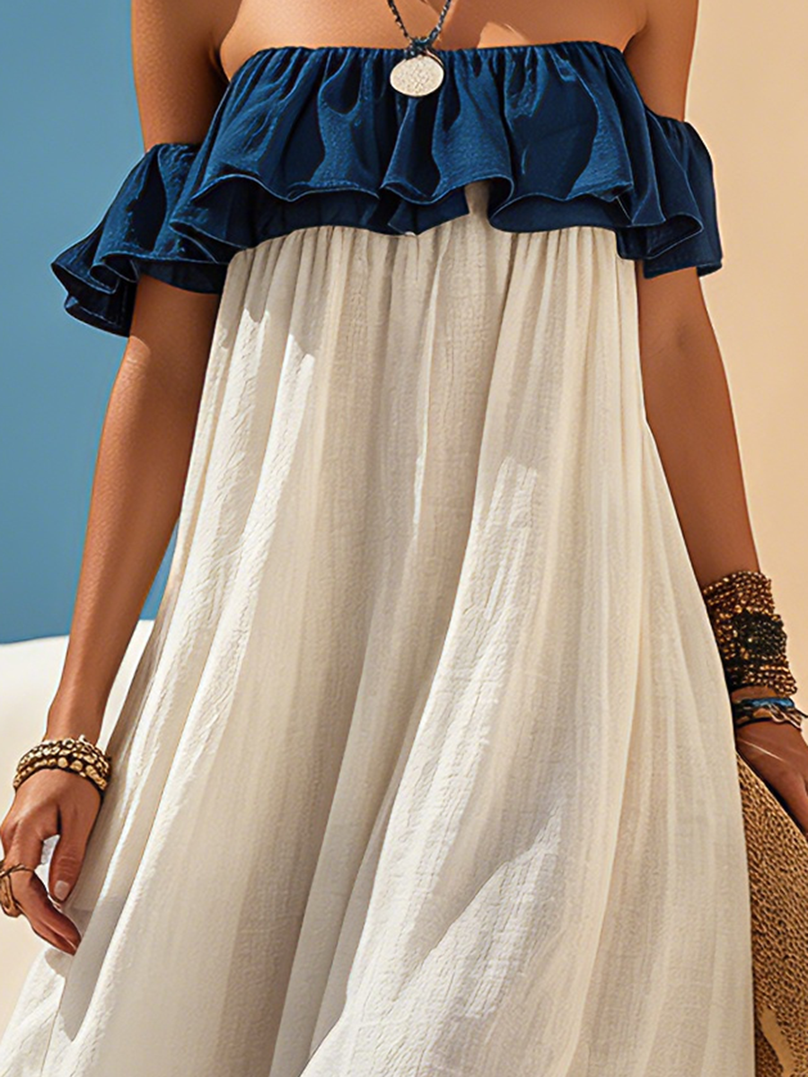 Vacation-Style White And Blue Off-the-Shoulder Short-Sleeve Maxi Dress