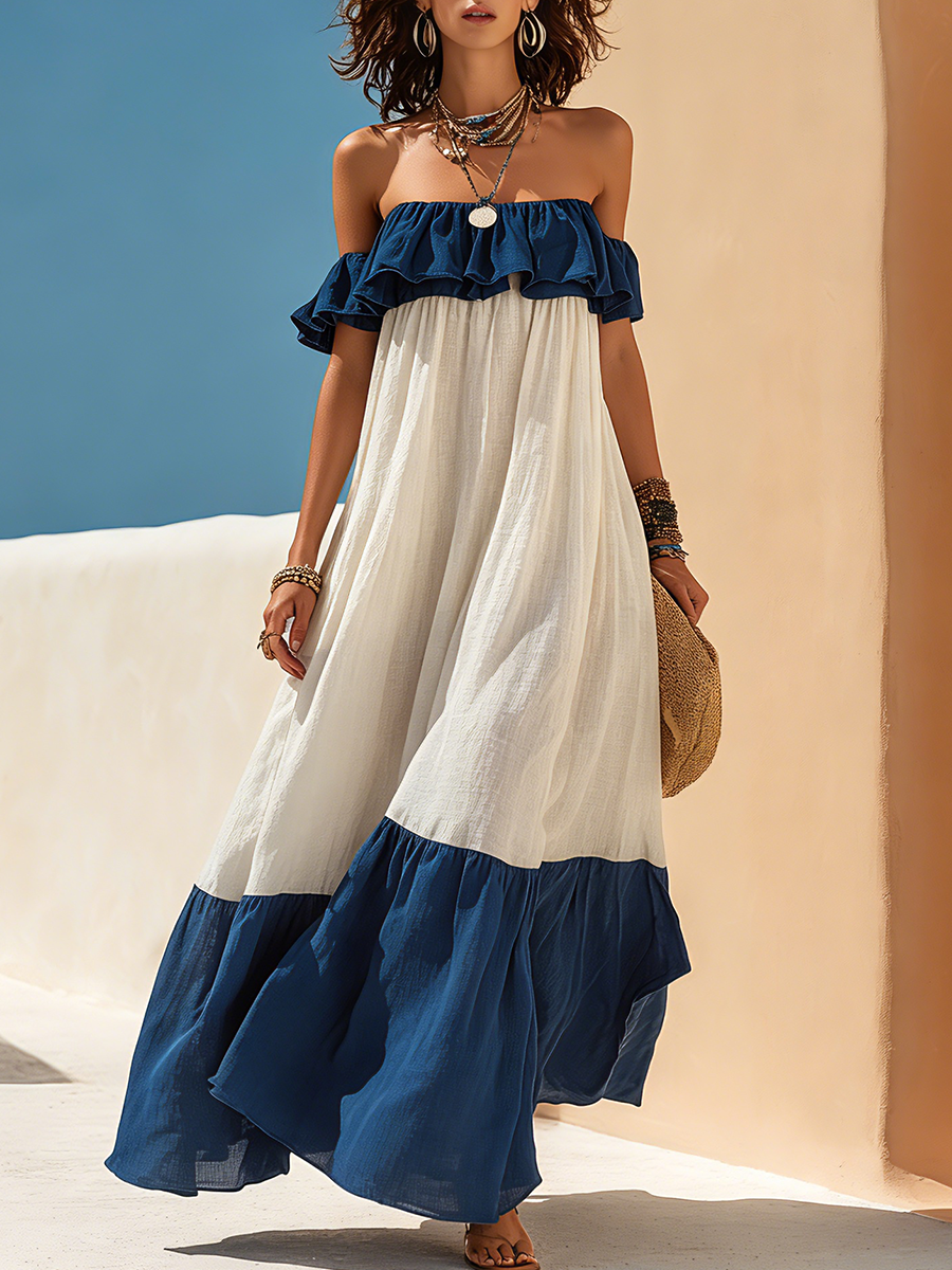 Vacation-Style White And Blue Off-the-Shoulder Short-Sleeve Maxi Dress