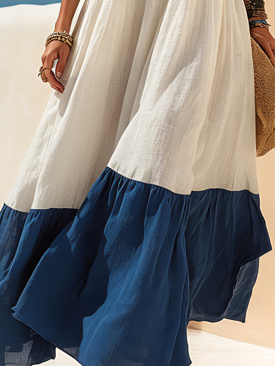 Vacation-Style White And Blue Off-the-Shoulder Short-Sleeve Maxi Dress