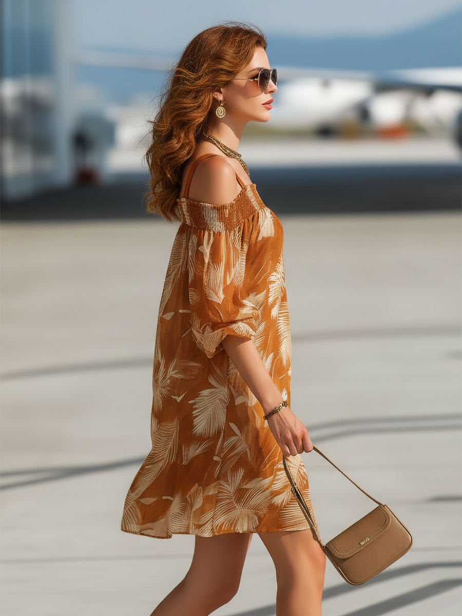 Vacation-Style Brown Off-Shoulder Short-Sleeve Printed Chiffon Mini Dress