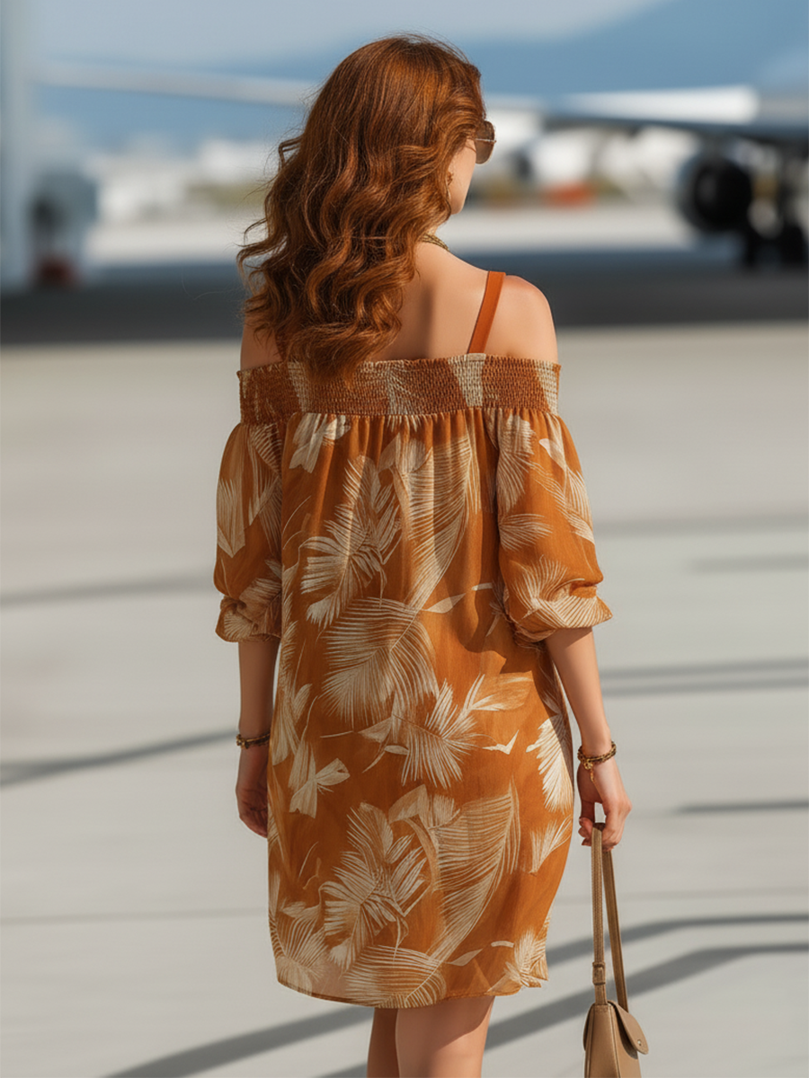 Vacation-Style Brown Off-Shoulder Short-Sleeve Printed Chiffon Mini Dress