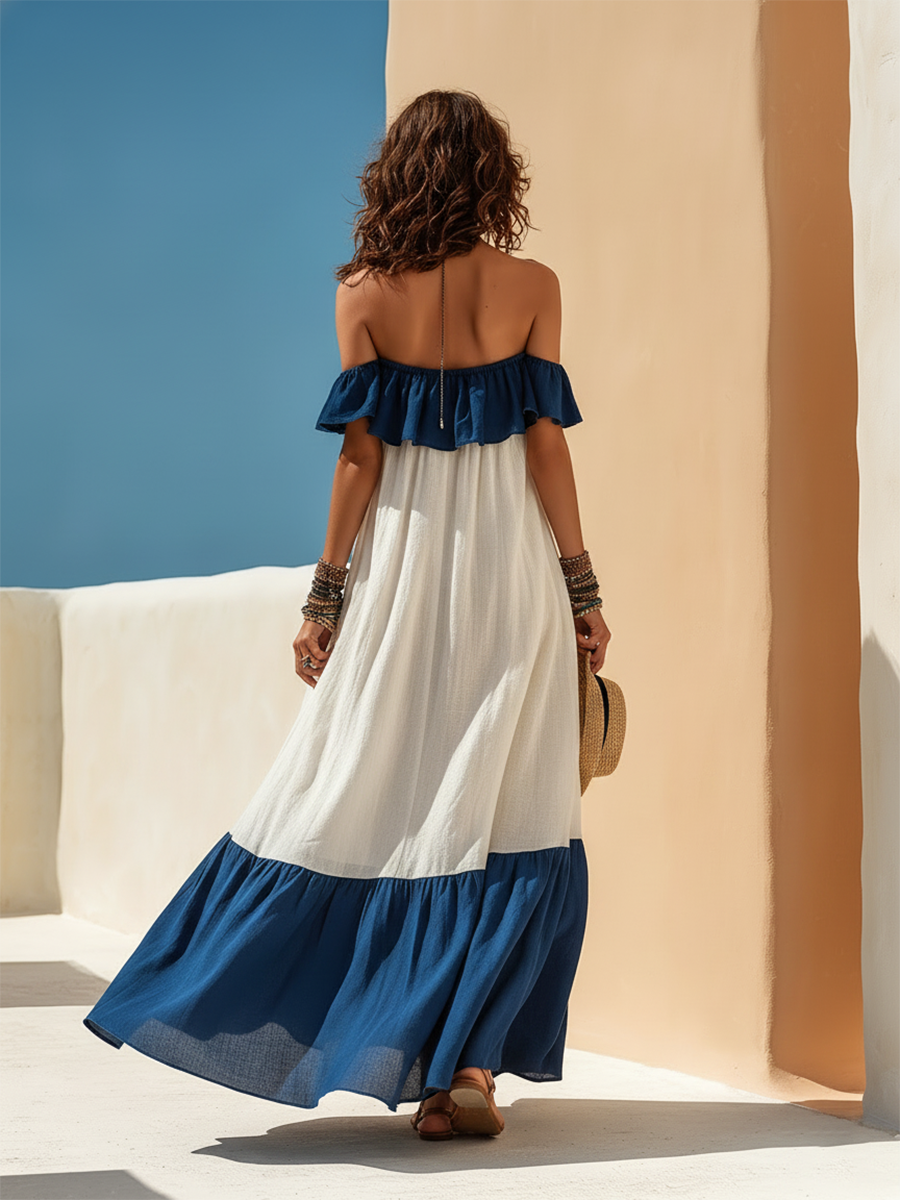 Vacation-Style White And Blue Off-the-Shoulder Short-Sleeve Maxi Dress