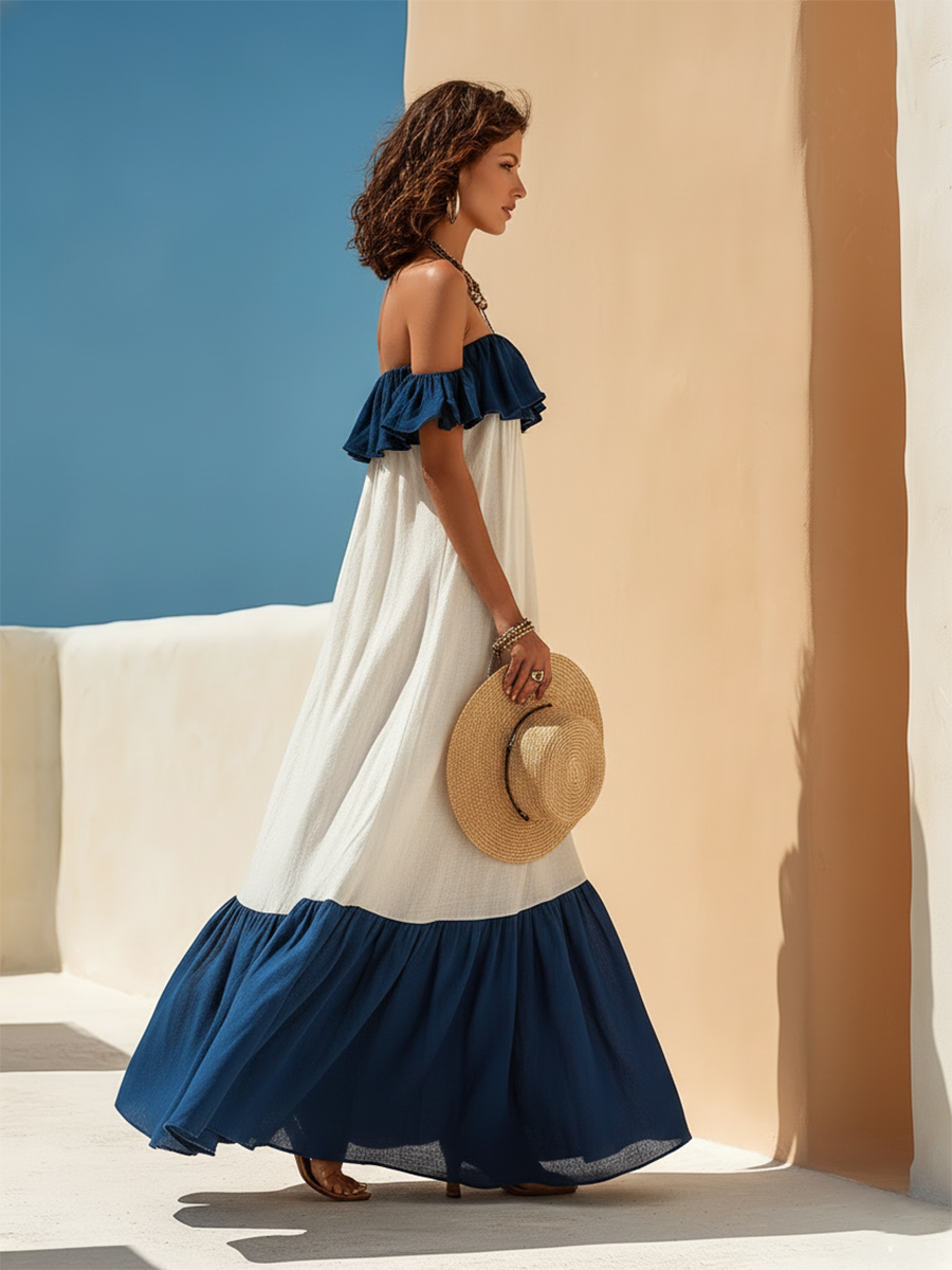 Vacation-Style White And Blue Off-the-Shoulder Short-Sleeve Maxi Dress