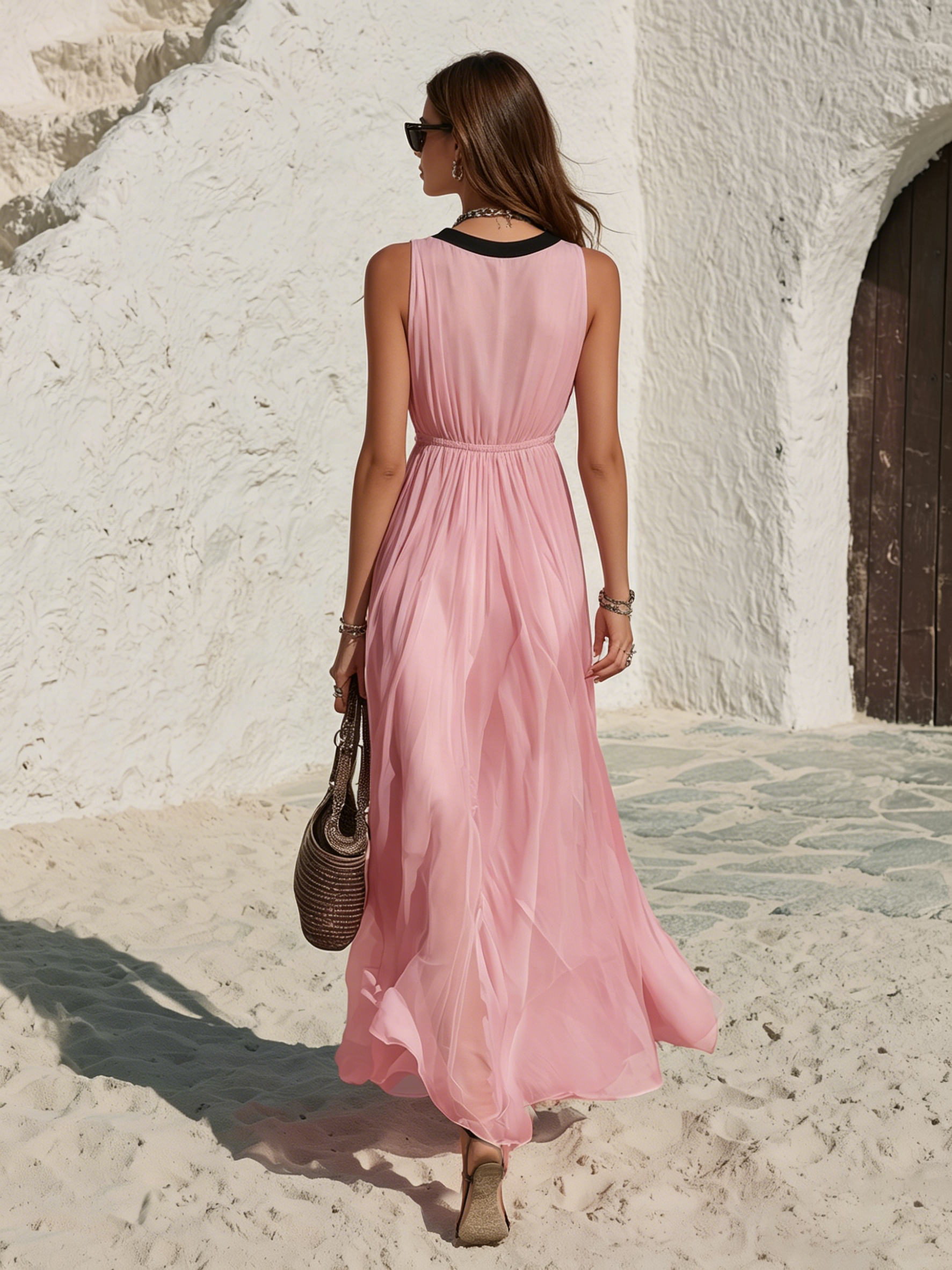 Resort Style Sleeveless V-Neck Bow-Tie Chiffon Maxi Dress
