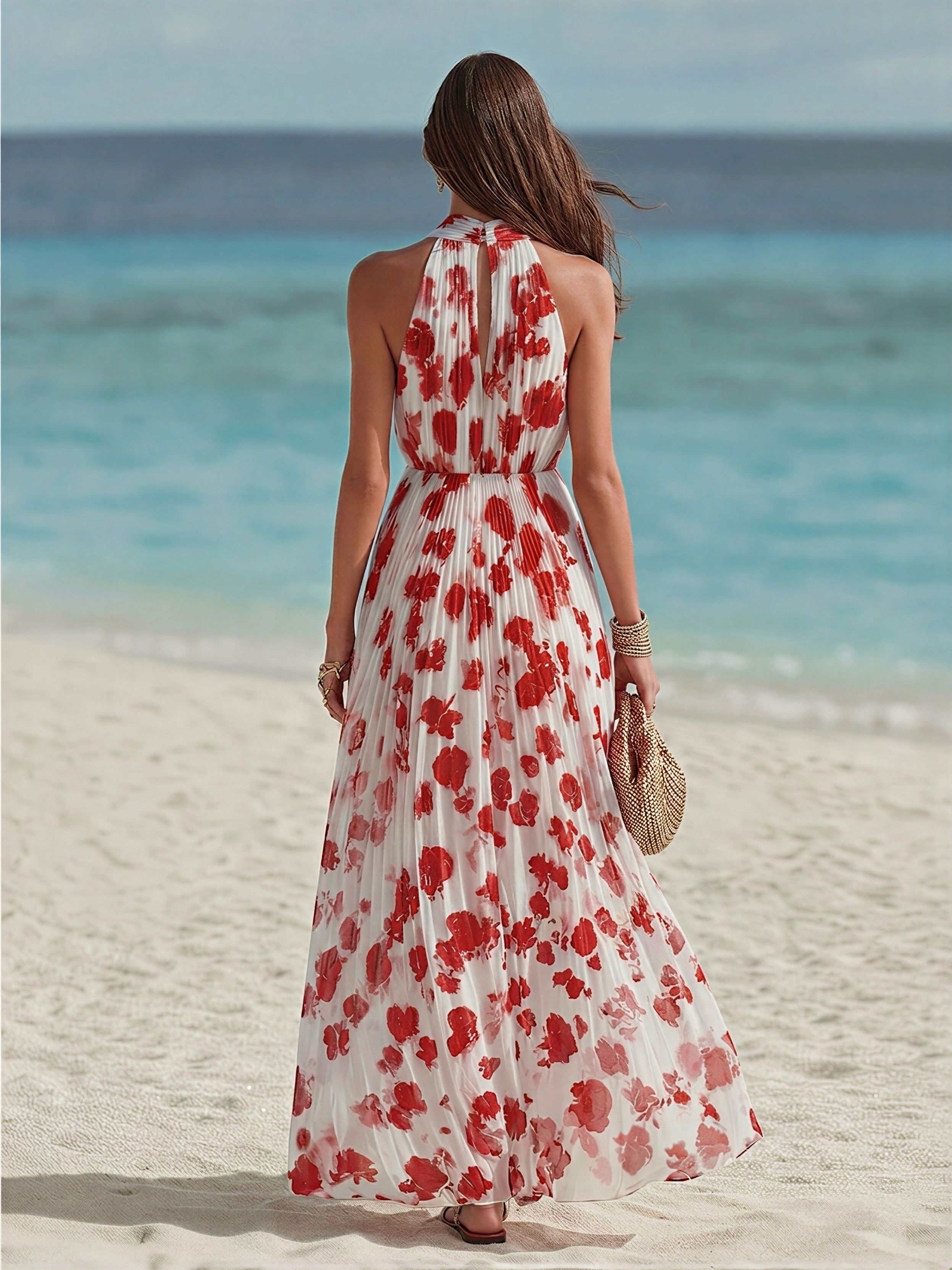 Vacation-Style V-Neck Sleeveless Printed Chiffon Maxi Dress