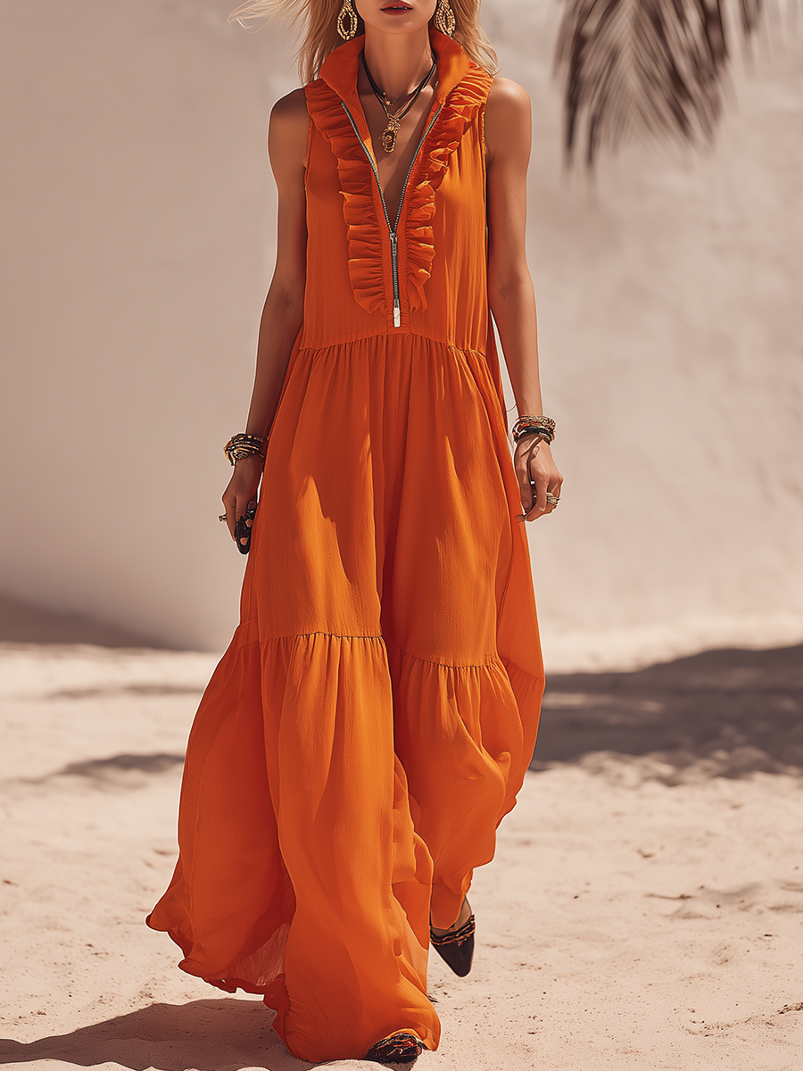 Bohemian Resort Orange Ruffled Half-Zip Sleeveless Maxi Dress