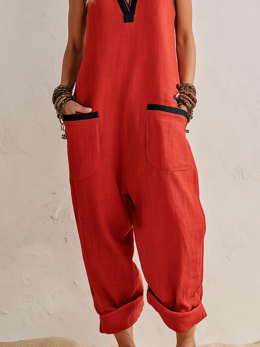 Bohemian Casual Vacation Black Trim Red Cotton Linen V-neck Sleeveless Pocket Loose Jumpsuit