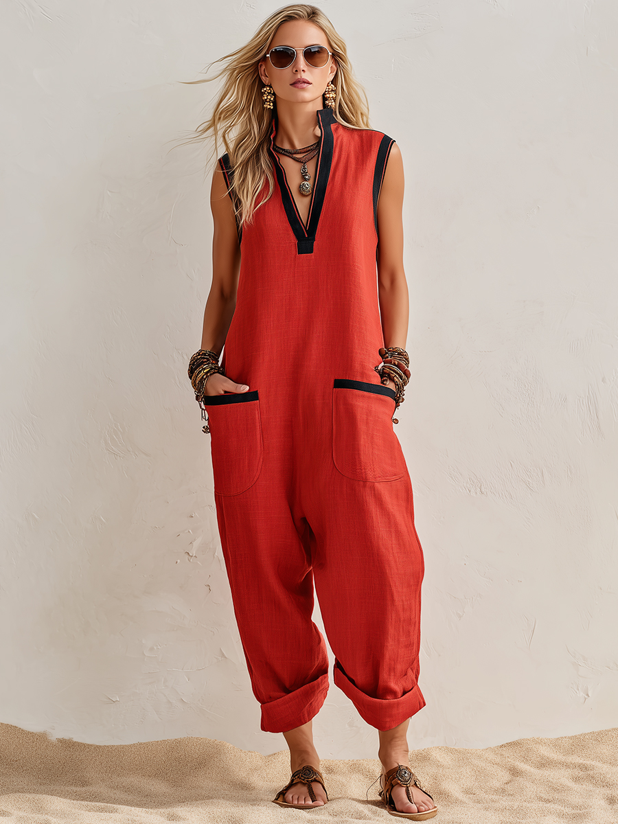 Bohemian Casual Vacation Black Trim Red Cotton Linen V-neck Sleeveless Pocket Loose Jumpsuit