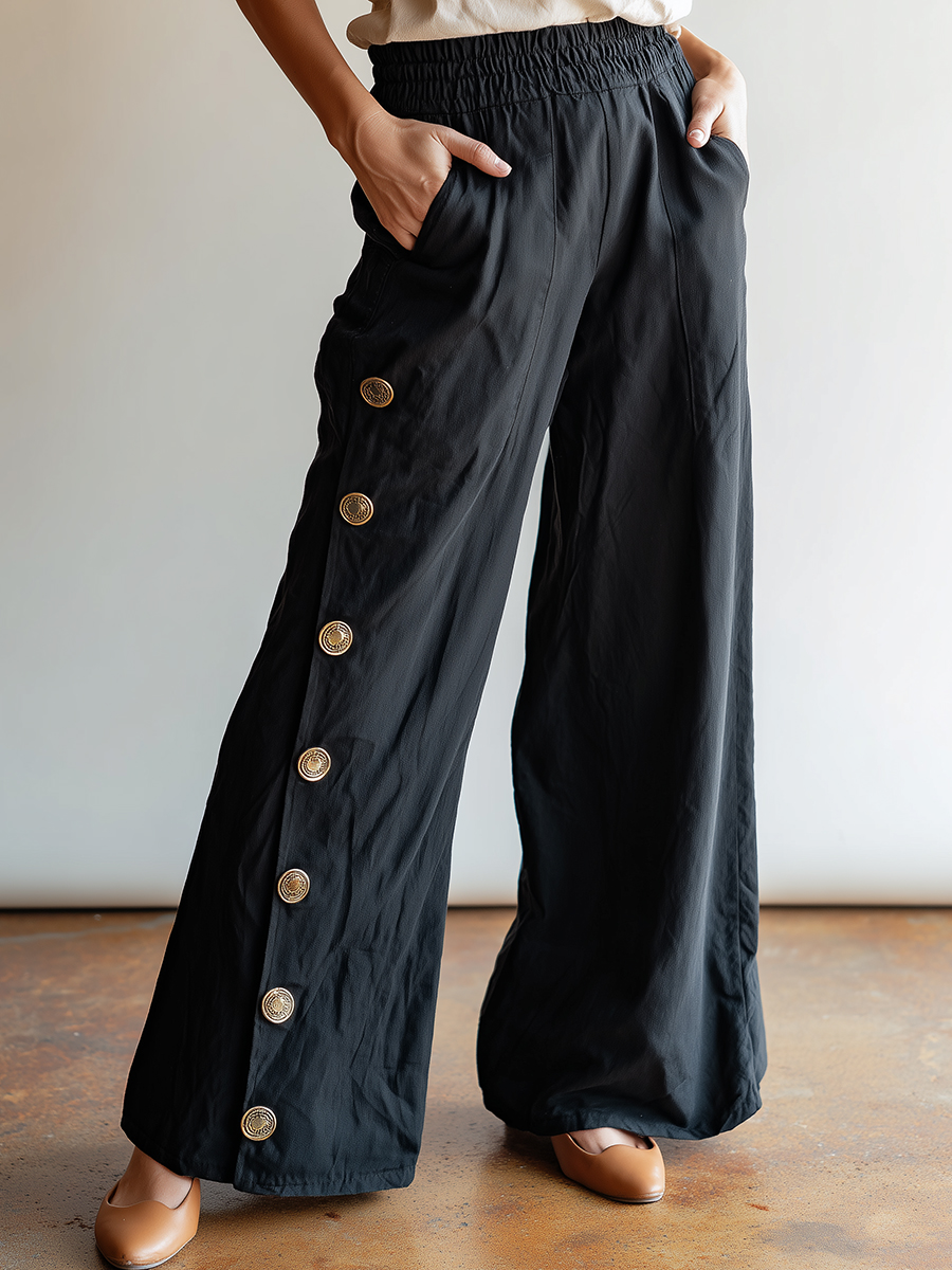 Bohemian Casual Vacation Black Elastic Waist Gold Button Pants