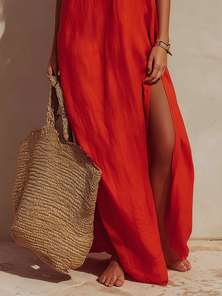 Vacation-Style Halter V-Neck Eyelet Red Cotton-Linen Maxi Dress